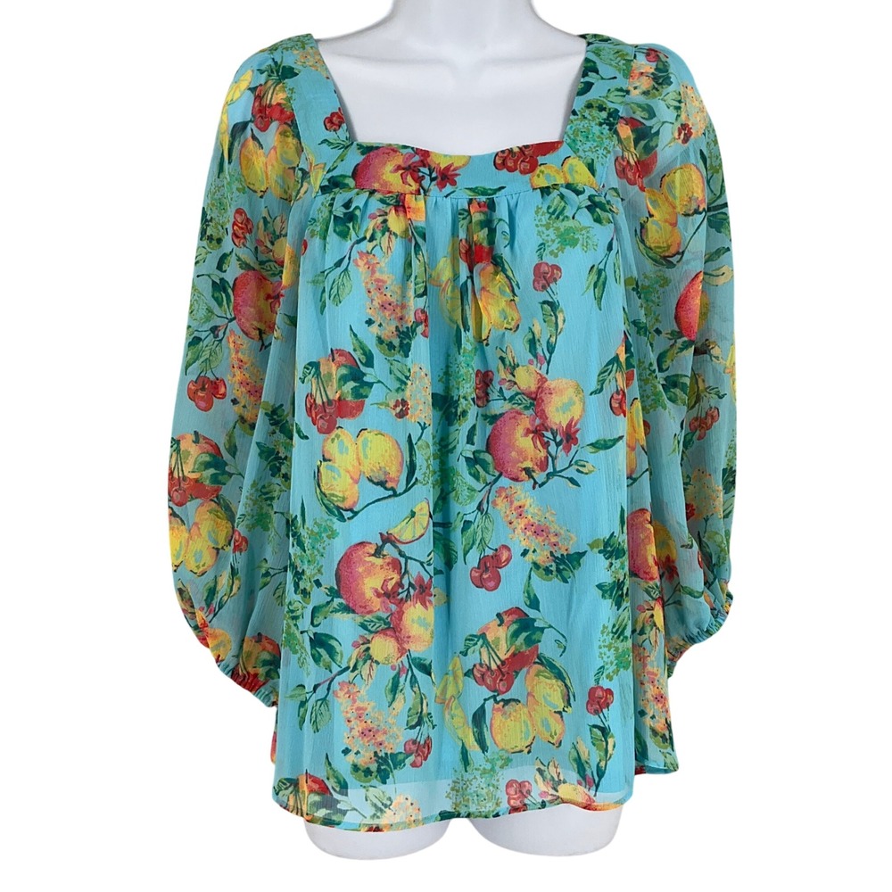 Lauren Conrad Top Womens XS Blue Fruit Print Boho Whimsical Airy Colorful Resort